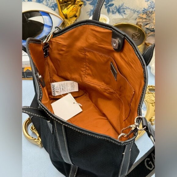 🆕 GANNI 🧿 NWT Small Banner Tote, Black Canvas & Black Leather - Picture 10 of 13